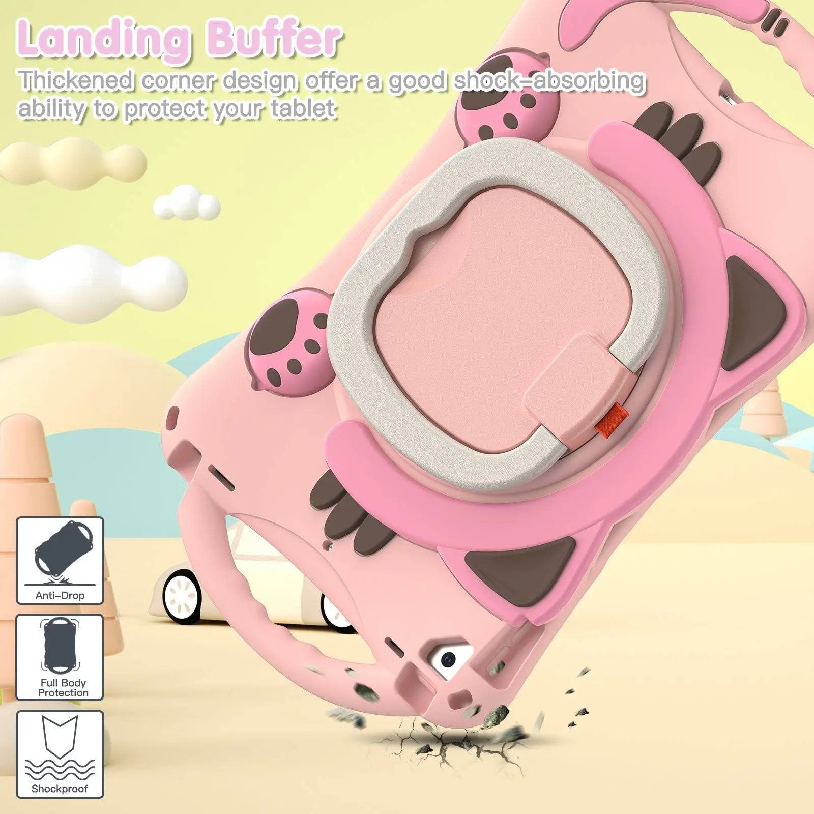 Shockproof Kitten Kids iPad Protective Case with thickened corner design for impact resistance. Compatible with iPad 7th/8th/9th Gen, iPad Air 3, and 10.5 inch iPad Pro.