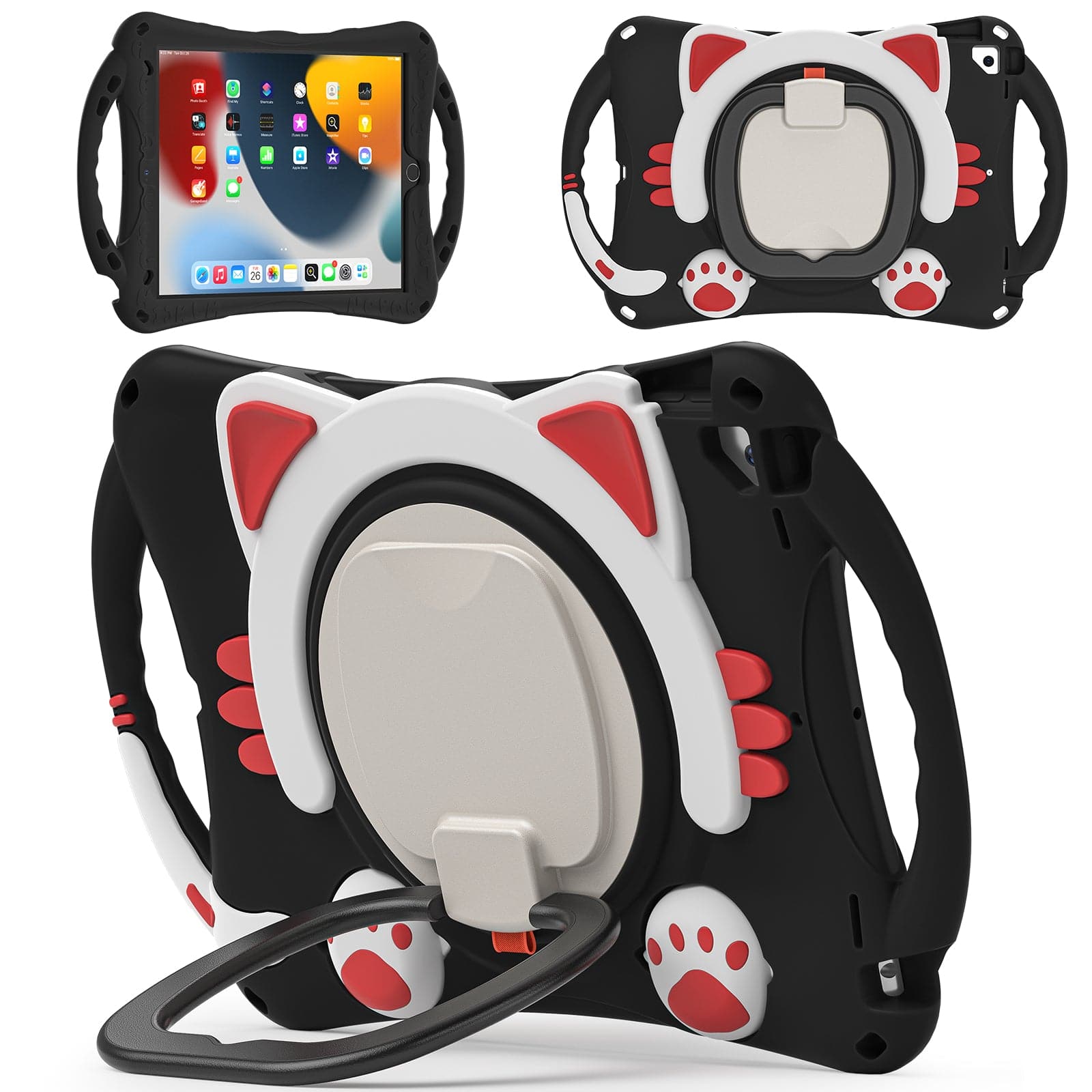 Black Kitten Kids iPad Protective Case 10.2/10.5 inch with cat ear design, shockproof EVA rubber, and rotating handle. Designed for iPad 7th/8th/9th Gen, iPad Air 3, and 10.5 inch iPad Pro.