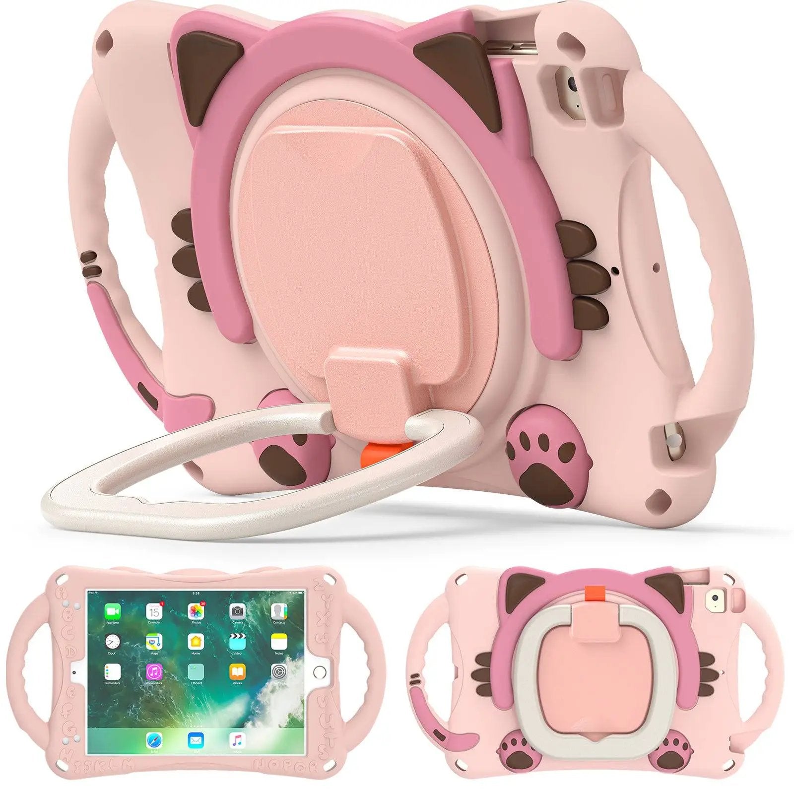 Pink kitten kids iPad Mini protective case featuring a 360° rotating handle, foldable stand, and shock-absorbing corners for durability.