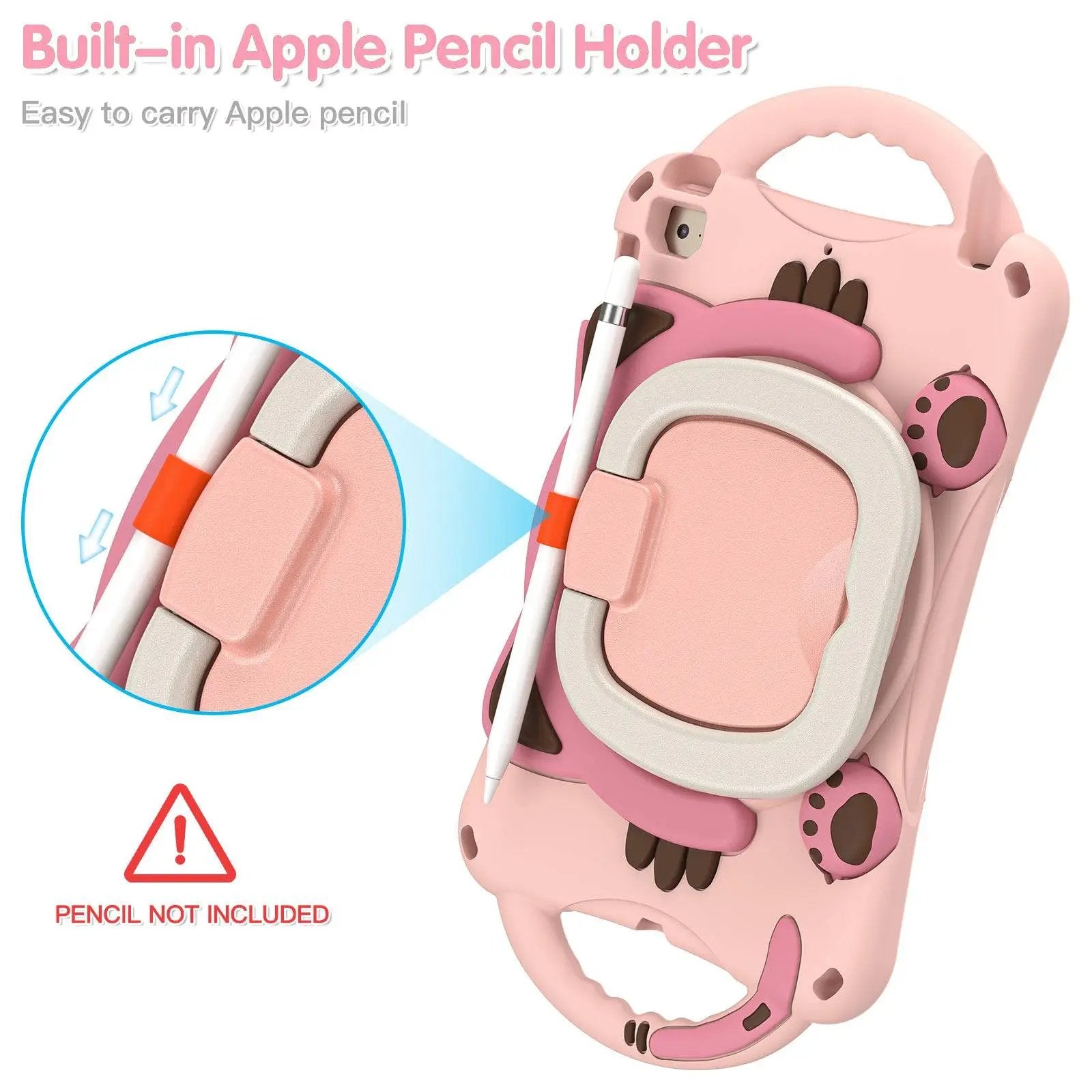Built-in Apple Pencil holder on the pink kitten iPad Mini protective case, ensuring easy storage and accessibility for kids.