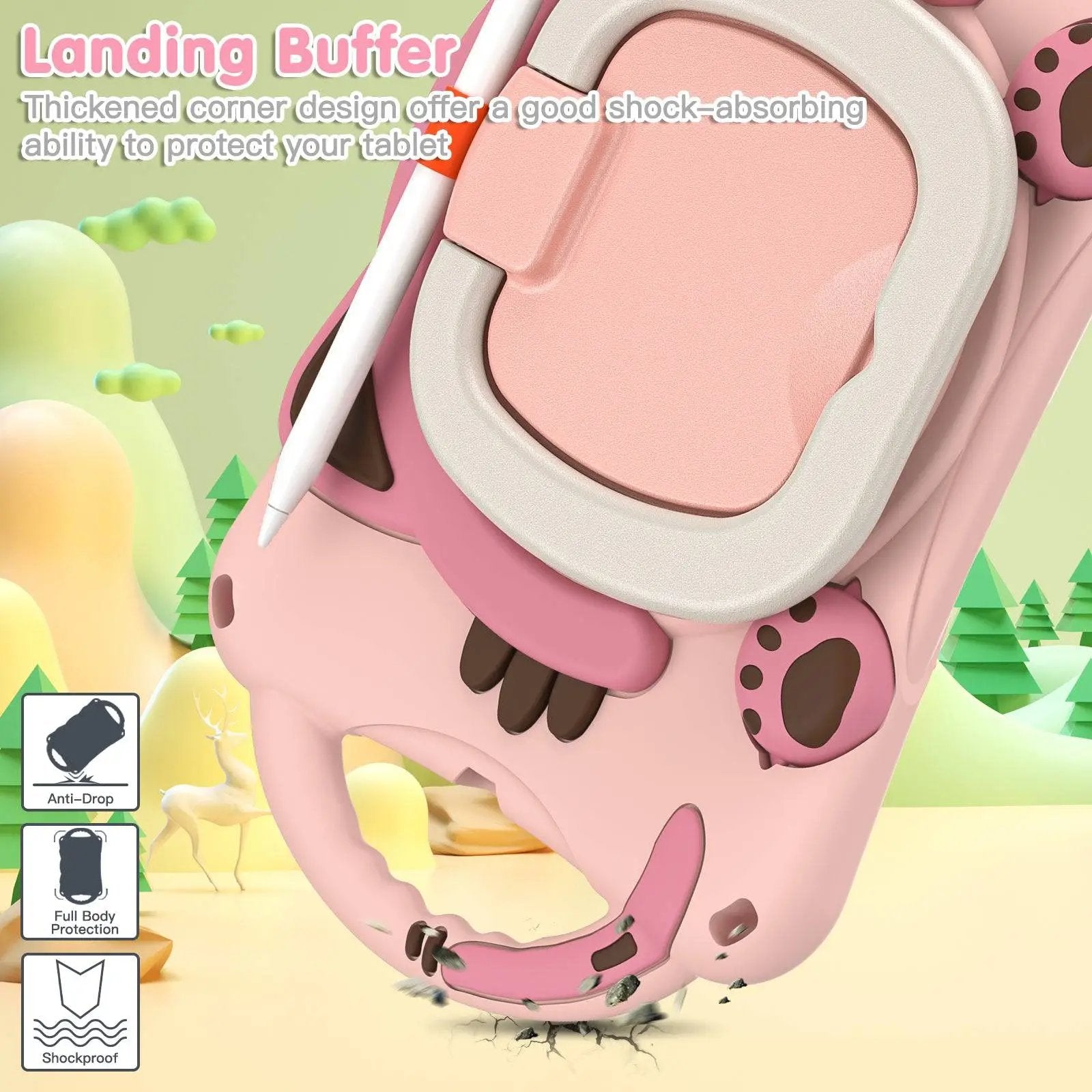 Shockproof landing buffer design on the pink kitten iPad Mini protective case, providing enhanced drop protection for kids' tablets.