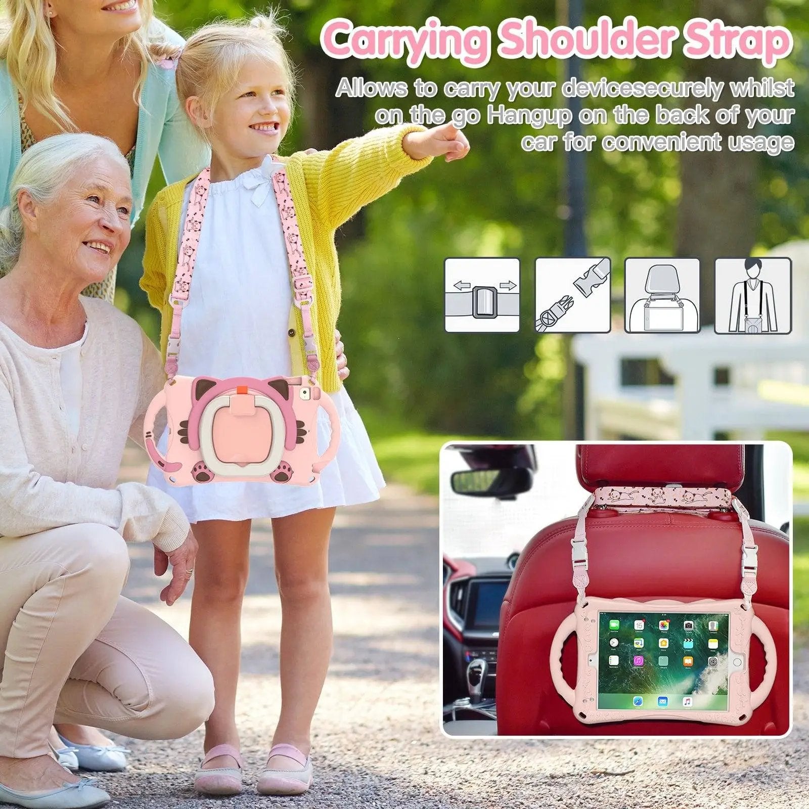 Pink kitten iPad Mini protective case with a carrying shoulder strap, allowing kids to transport their tablet hands-free on the go.