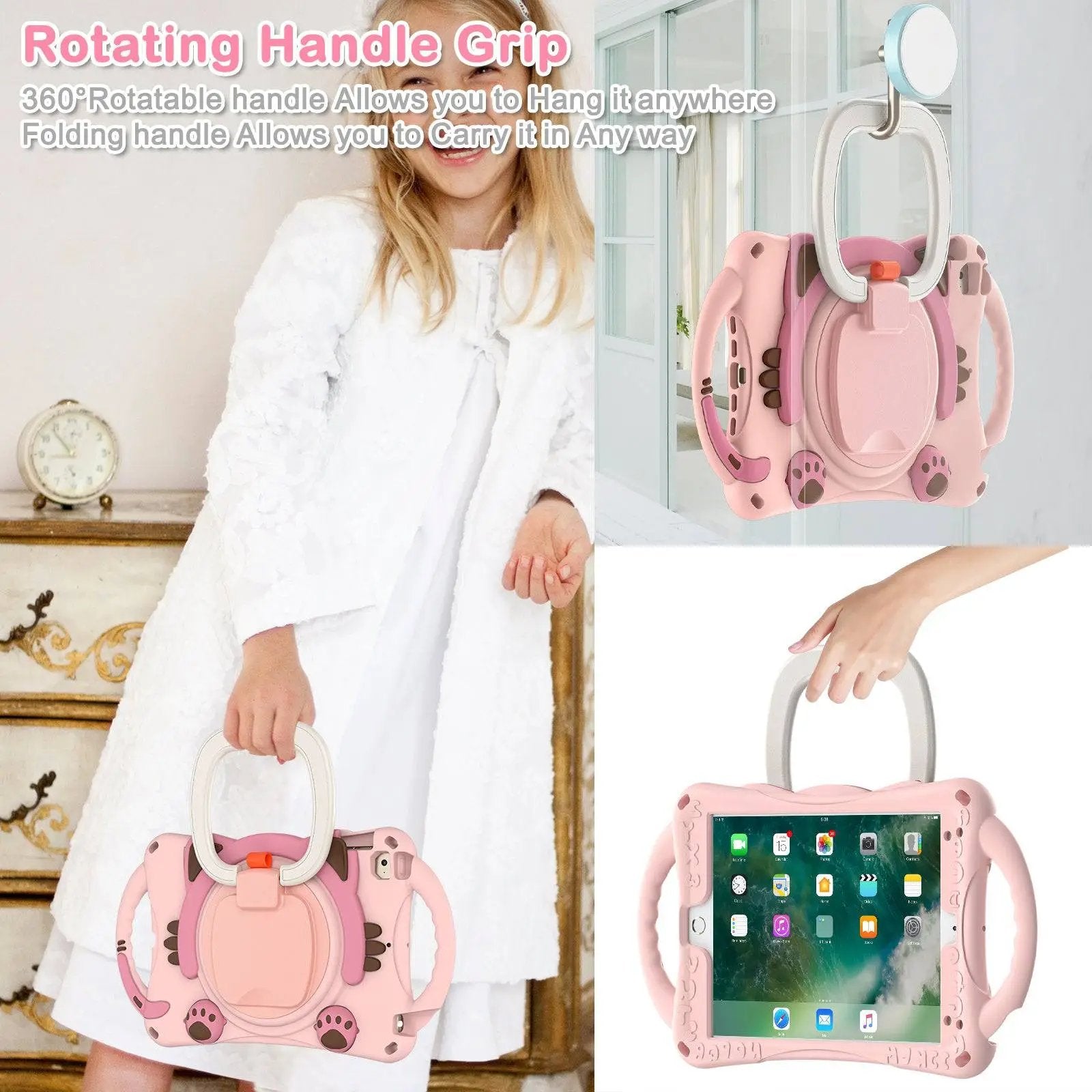 Rotating handle grip on the pink kitten iPad Mini protective case, allowing kids to carry or hang their tablet anywhere with ease.