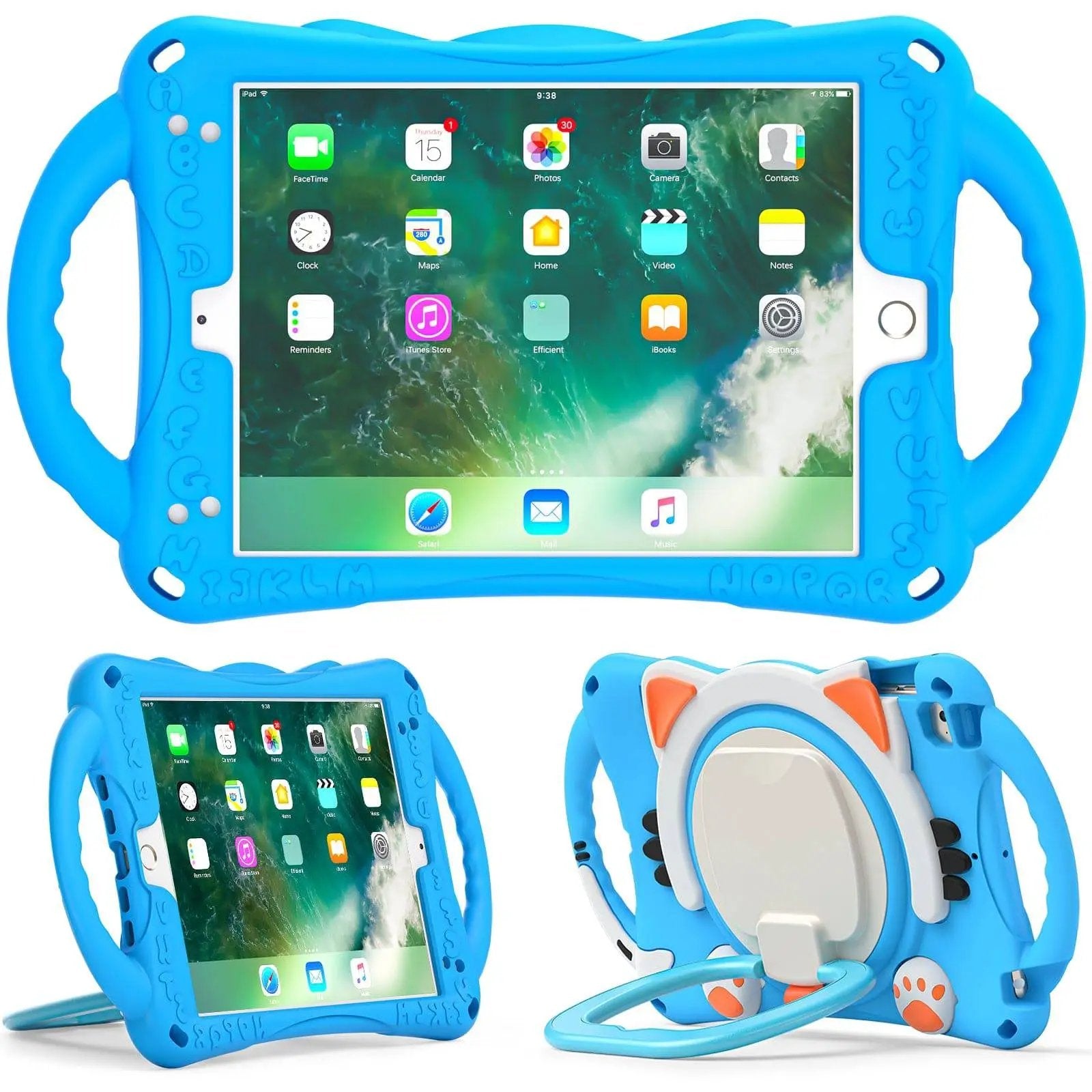 Blue kitten-themed kids iPad Mini protective case with dual side handles, rotating stand, and shockproof design for secure tablet use.