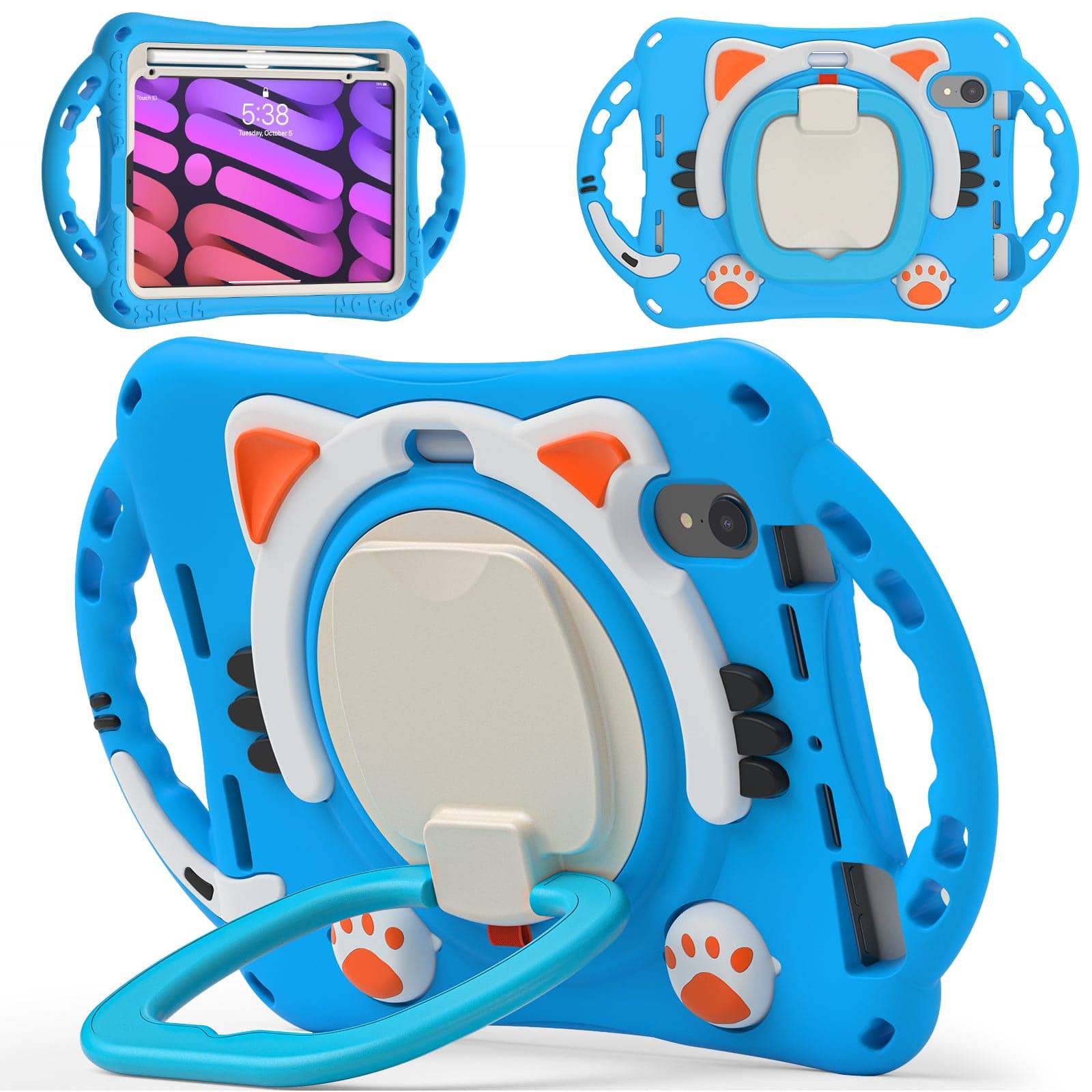 Blue Kitten Kids iPad Mini 6 Protective Case with a cat-ear design, rotating handle, and shockproof build for secure and fun tablet use.