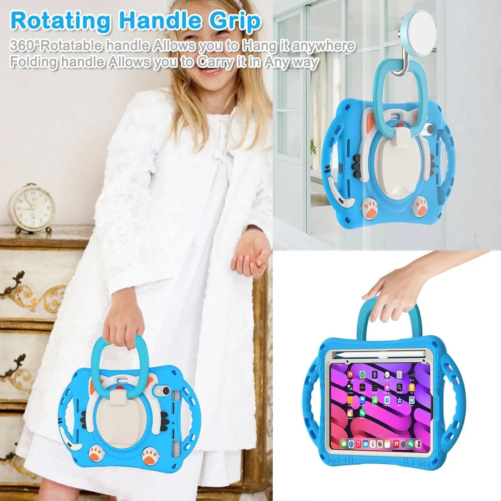 Child holding a blue Kitten Kids iPad Mini 6 Protective Case with a rotating handle, designed for easy carrying and secure grip.