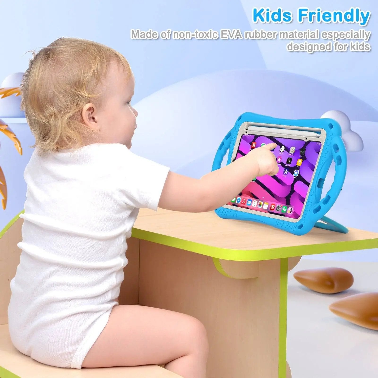 Toddler using a blue Kitten Kids iPad Mini 6 Protective Case with a stable stand, made from non-toxic EVA material for safe use.