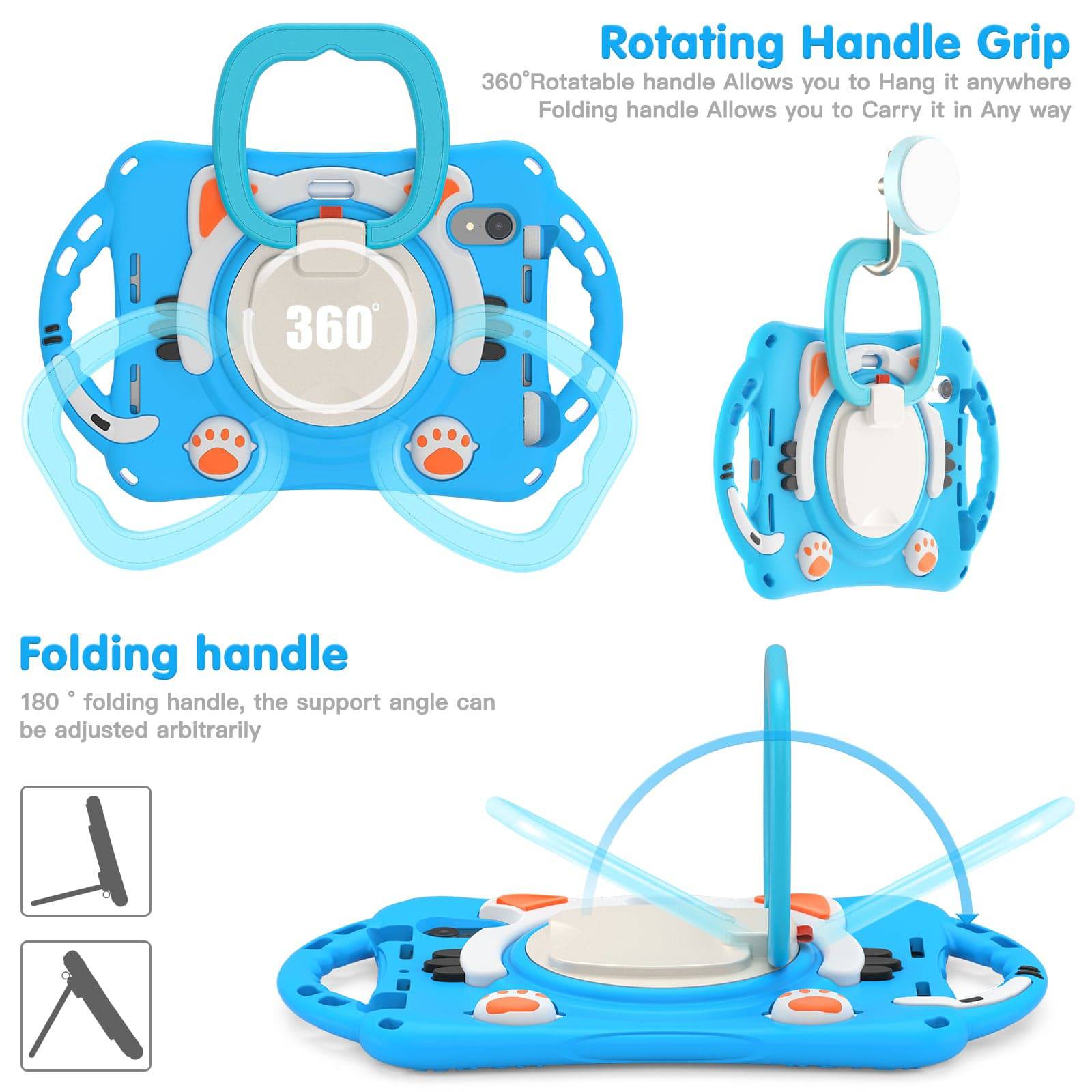 iPad Mini 6 Protective Case with a 360° rotating handle and foldable stand, offering versatile positioning and easy carrying for kids.