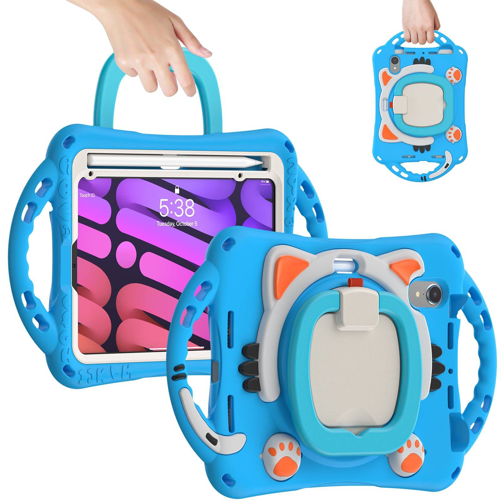 Blue Kitten Kids iPad Mini 6 Protective Case with a foldable stand, carrying handle, and reinforced corners for child-friendly tablet protection.