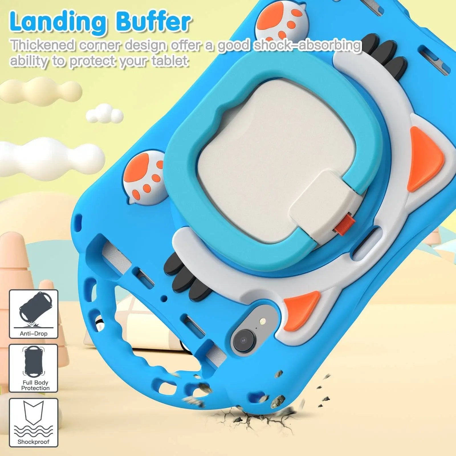 Shockproof Kitten Kids iPad Mini 6 Protective Case with reinforced corners and a landing buffer design for superior tablet drop protection.