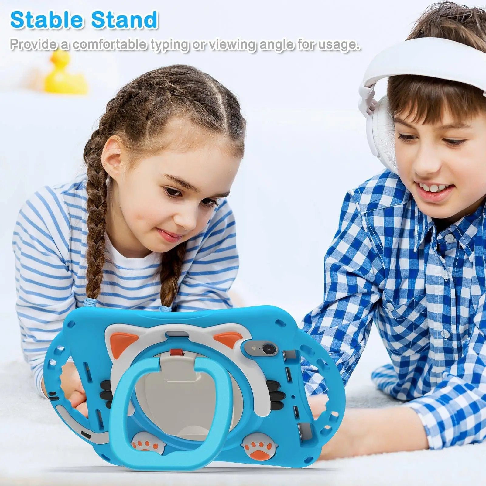 Two kids using a blue Kitten Kids iPad Mini 6 Protective Case with a stable stand, providing a comfortable viewing and typing experience.