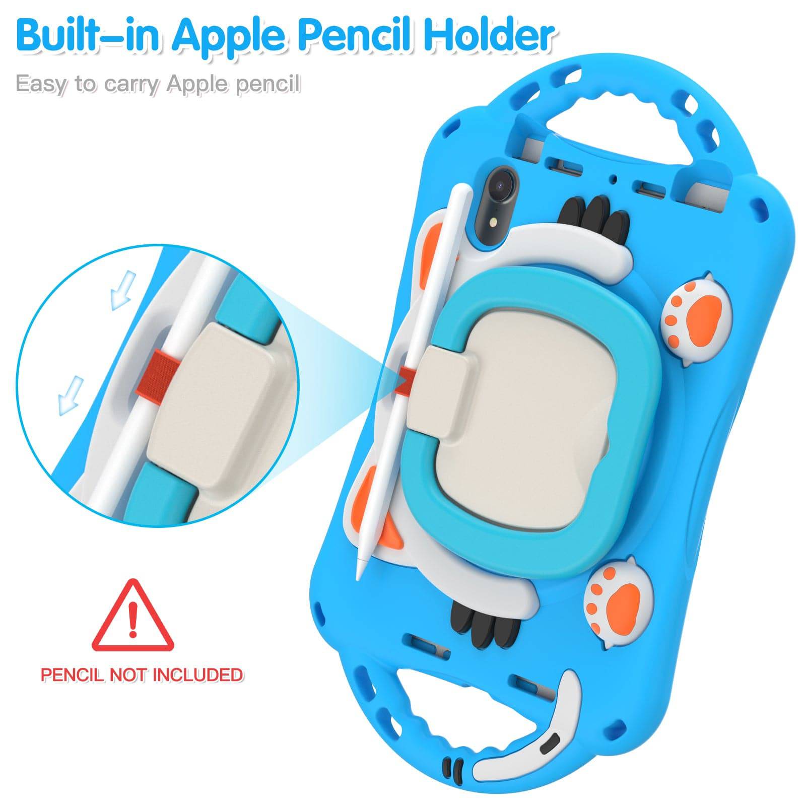 Kitten Kids iPad Mini 6 Protective Case with a built-in Apple Pencil holder, ensuring easy storage and accessibility for creative use.