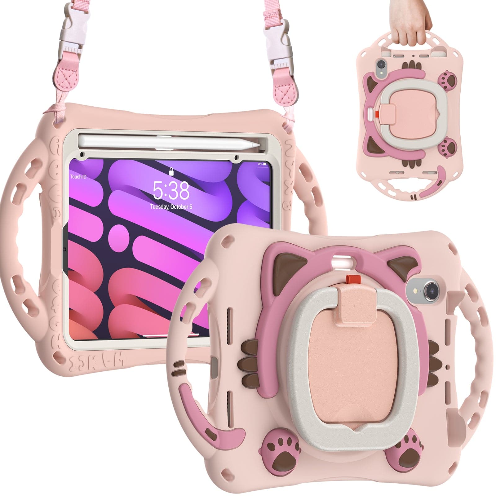 Kitten Kids iPad Mini 6 Protective Case in pink with a rotating handle, shoulder strap, and shockproof design for child-friendly tablet safety.