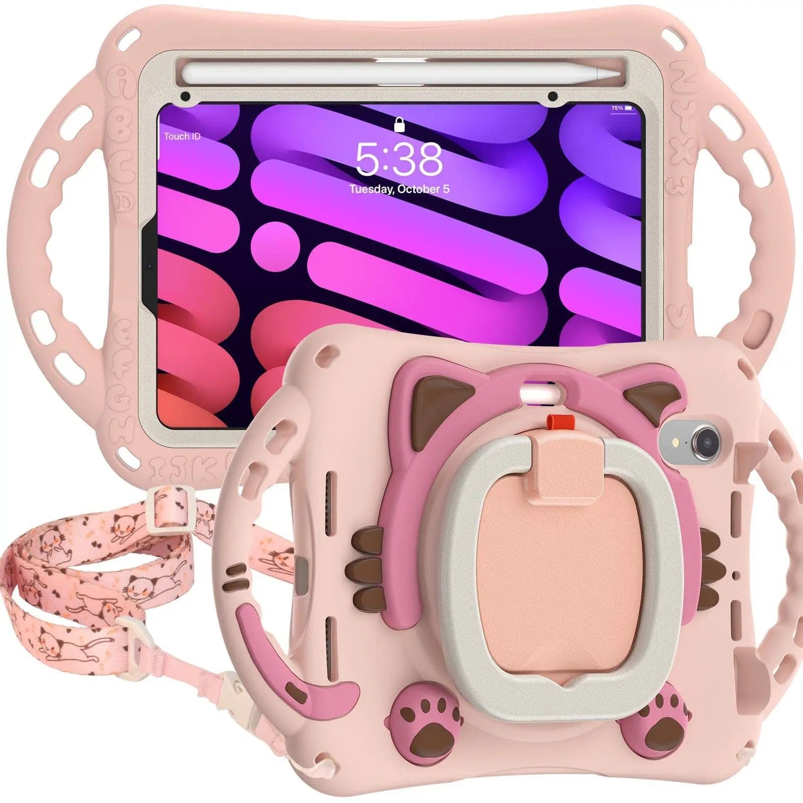 Pink Kitten Kids iPad Mini 6 Protective Case featuring a foldable stand, ergonomic handles, and durable EVA material for enhanced tablet protection.