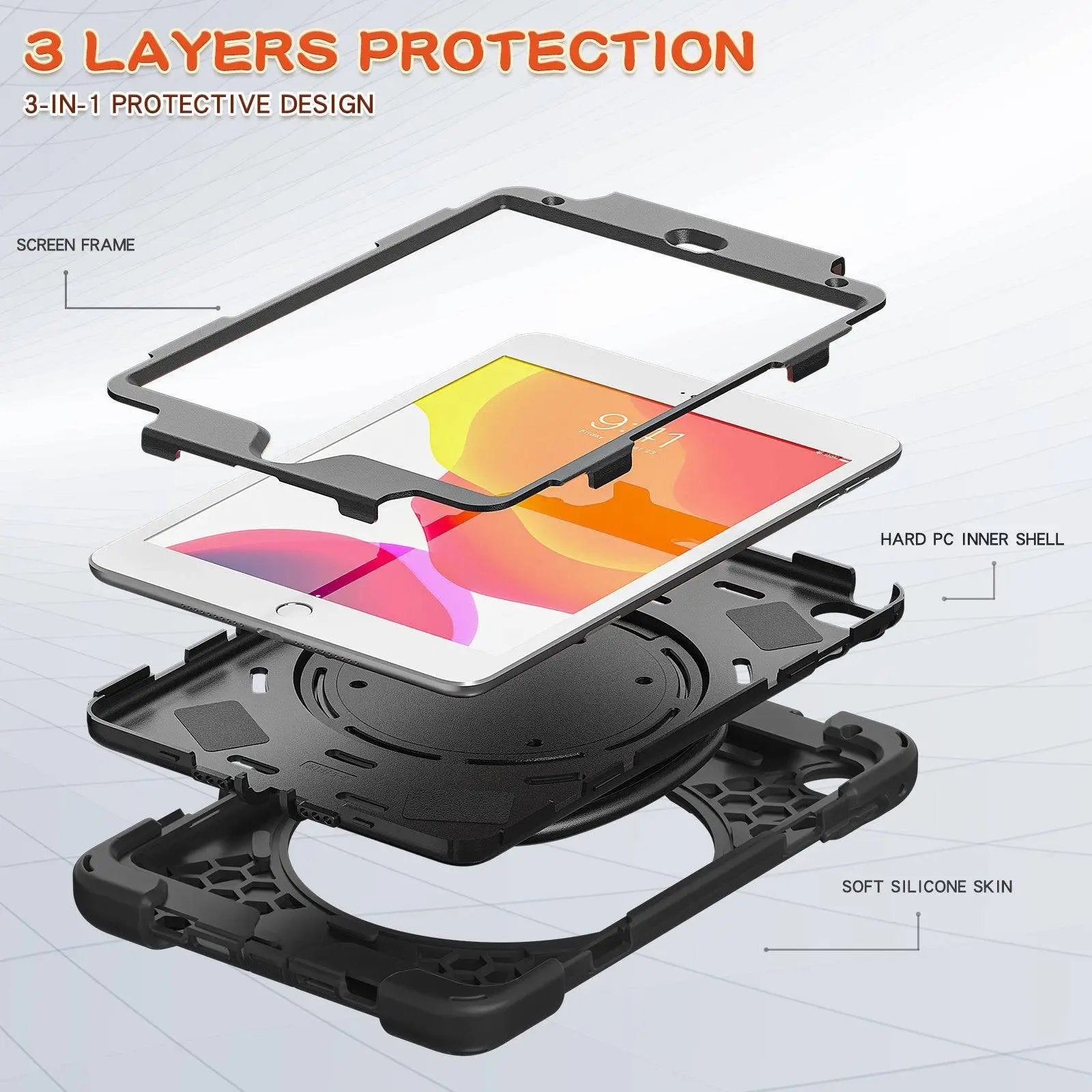 3-layer protection design of the Pirate Kids iPad Mini Protective Case, featuring a screen frame, hard PC shell, and soft silicone skin.