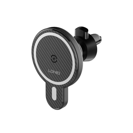 LDNIO MA20 15W Wireless Charging Magnetic Car Mount with carbon fiber design, featuring a secure air vent clip for stable phone mounting.