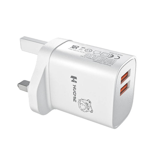 Hugmie® HP-AA1 Dual USB Wall Charger with 12W fast charging and dual USB ports for efficient power delivery. Compact and fireproof design for safety.