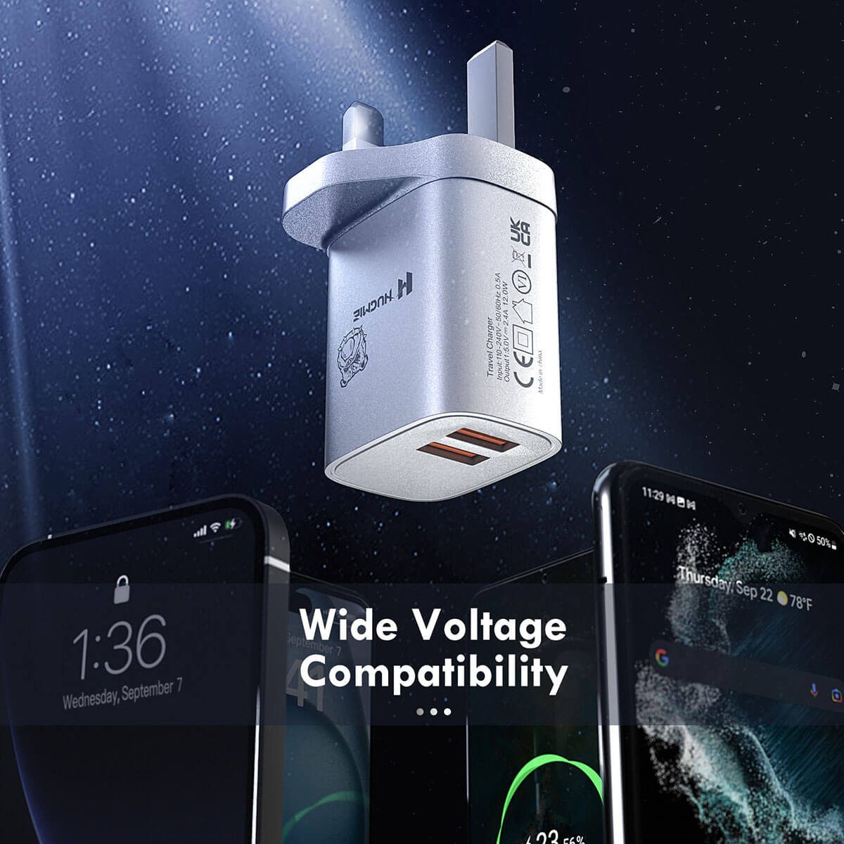 Hugmie® HP-AA1 Dual USB Wall Charger with wide voltage compatibility. Supports multiple devices with stable and efficient power output.