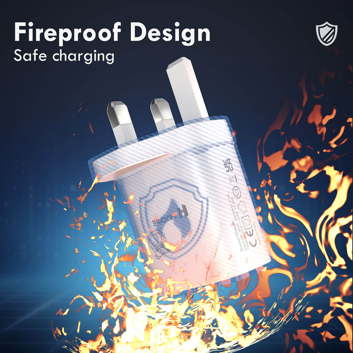 Hugmie® HP-AA1 Dual USB Wall Charger featuring a fireproof design for safe charging. Built with flame-retardant materials to ensure battery protection.
