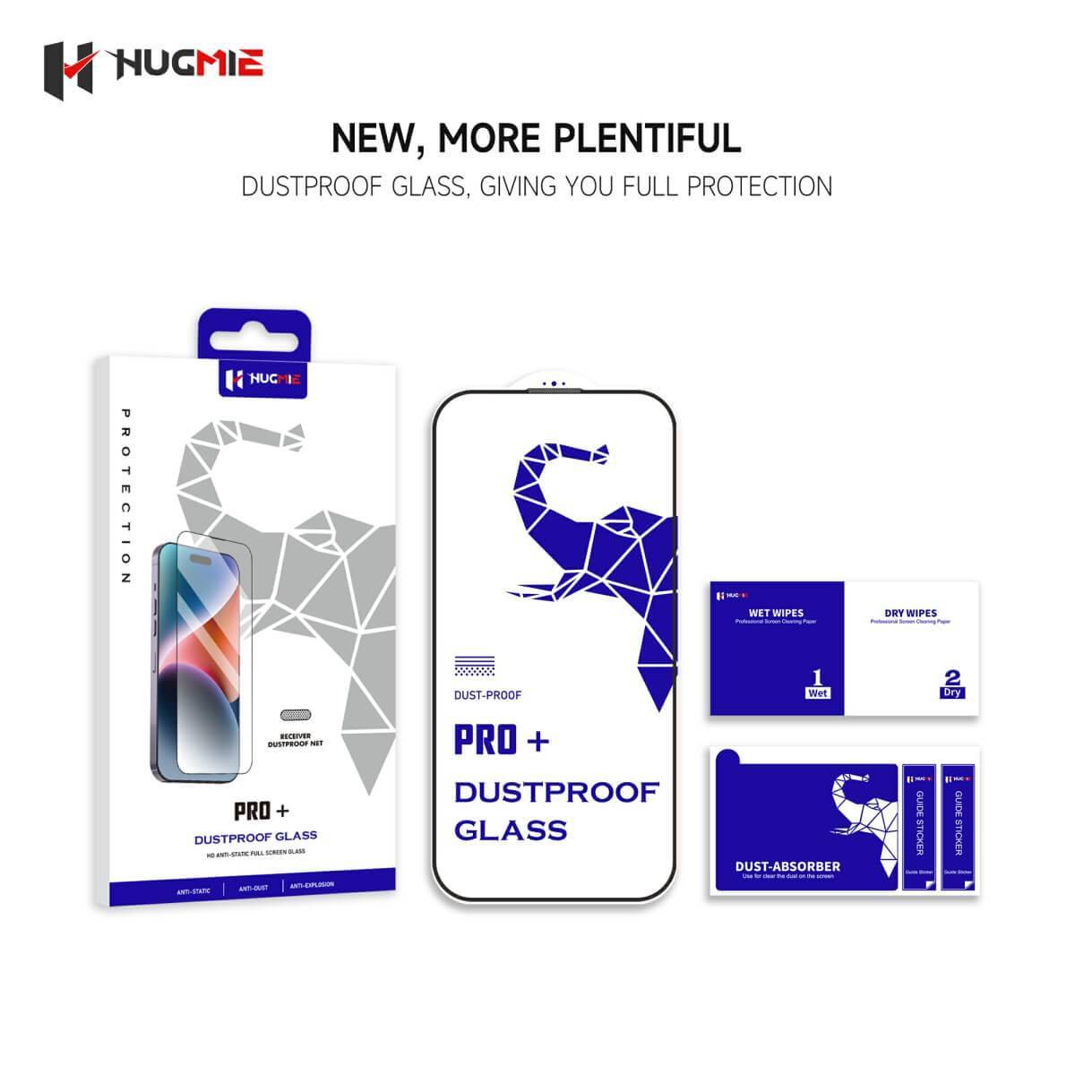 Complete Hugmie Dustproof Glass Screen Protector package for iPhone 16 Series, including wipes and dust absorber.