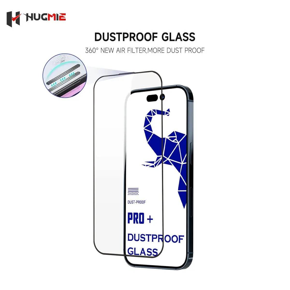 Hugmie Dustproof Glass Screen Protector for iPhone 16 Series with 360° air filter for enhanced dust protection.