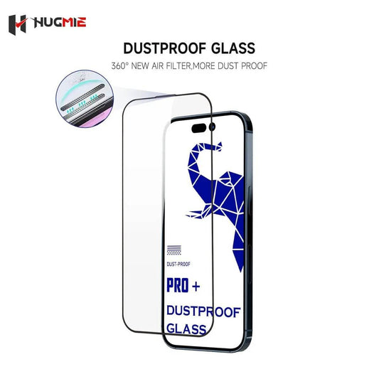 Hugmie Dustproof Glass Screen Protector for iPhone 16 Series with 360° air filter for enhanced dust protection.