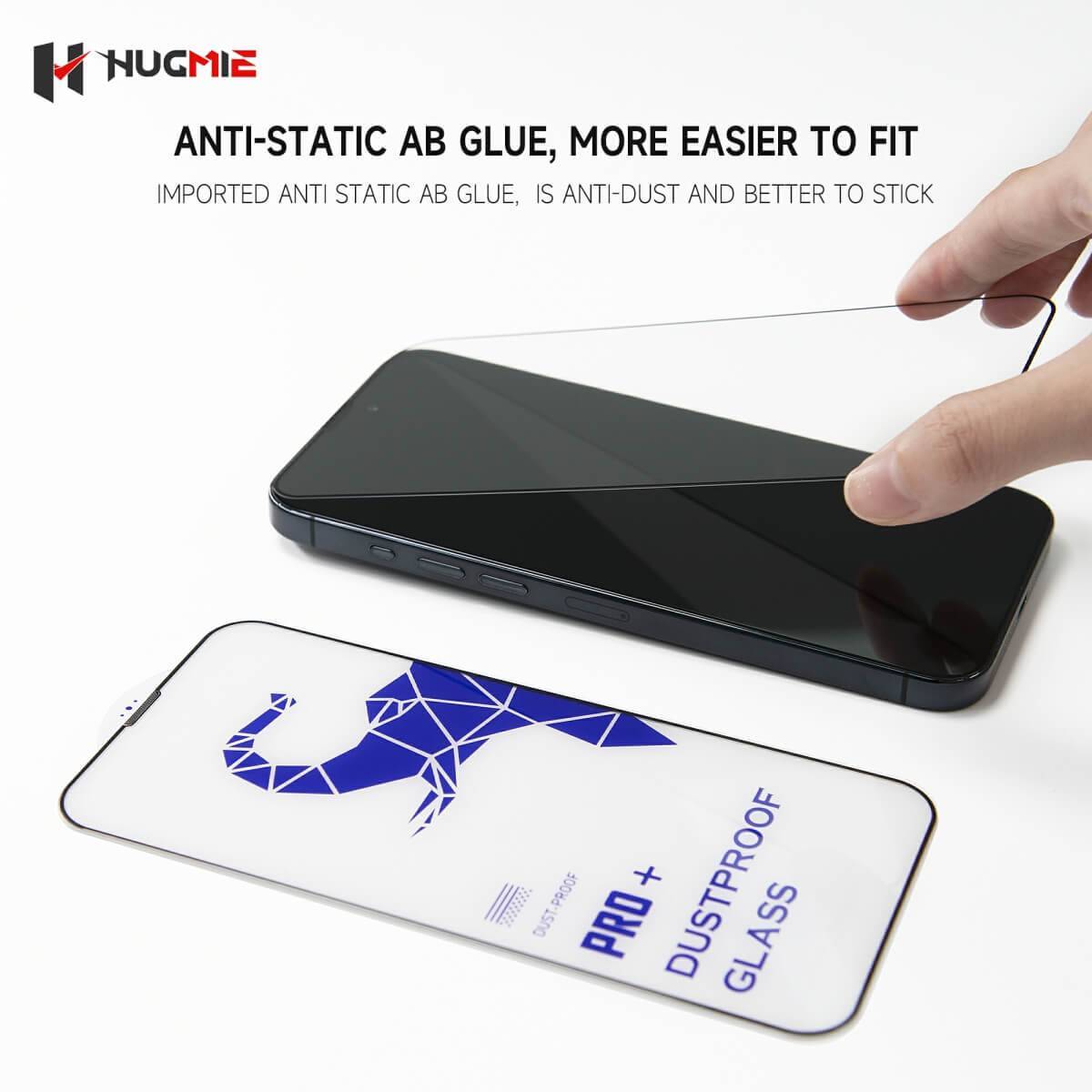 Hugmie iPhone 16 Series screen protector with anti-static AB glue for easy application and dust resistance.