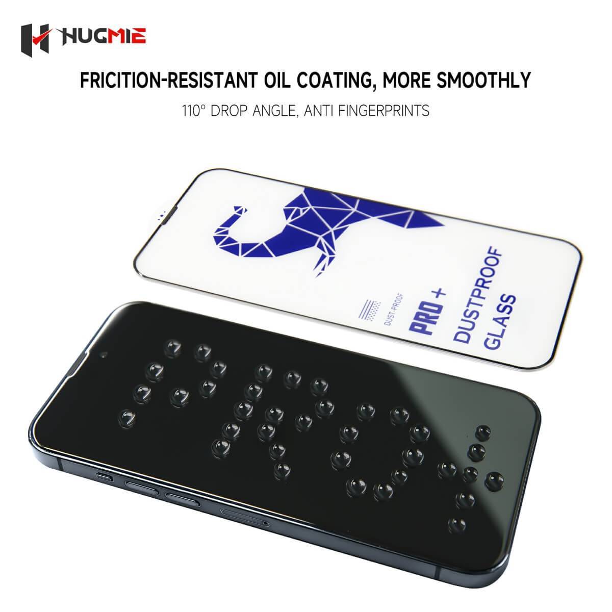 Friction-resistant Hugmie Dustproof Glass Screen Protector with anti-fingerprint coating and 110° drop angle.