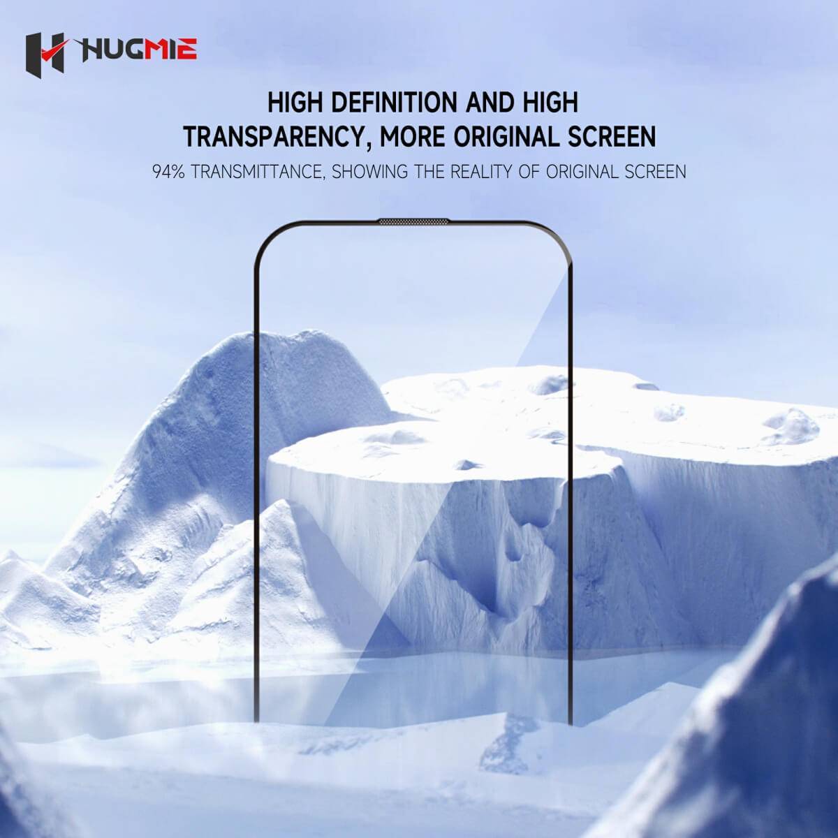 High-definition Hugmie Dustproof Glass Screen Protector with 94% transmittance for a crystal-clear iPhone 16 display.