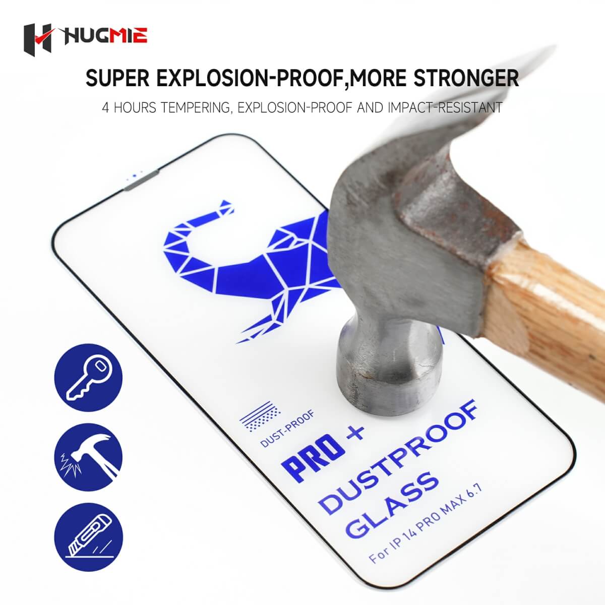 Explosion-proof Hugmie iPhone 16 Series screen protector with 4-hour tempering for superior impact resistance.