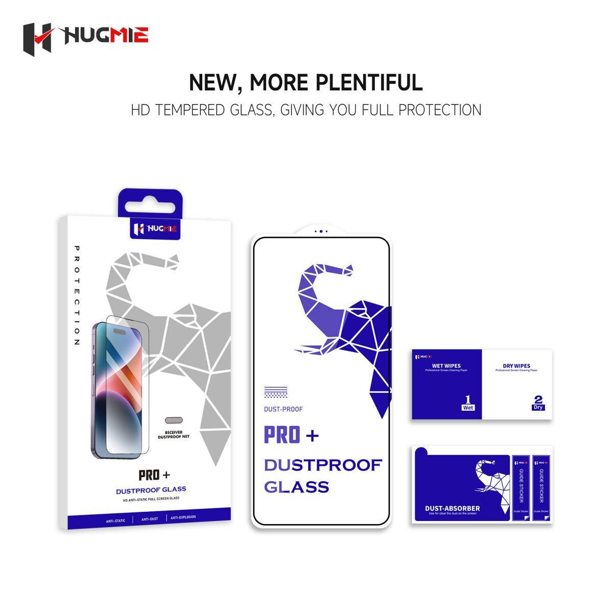 Complete Hugmie Dustproof Glass Screen Protector package for Samsung, including tempered glass, dust absorber, and cleaning wipes for easy installation.