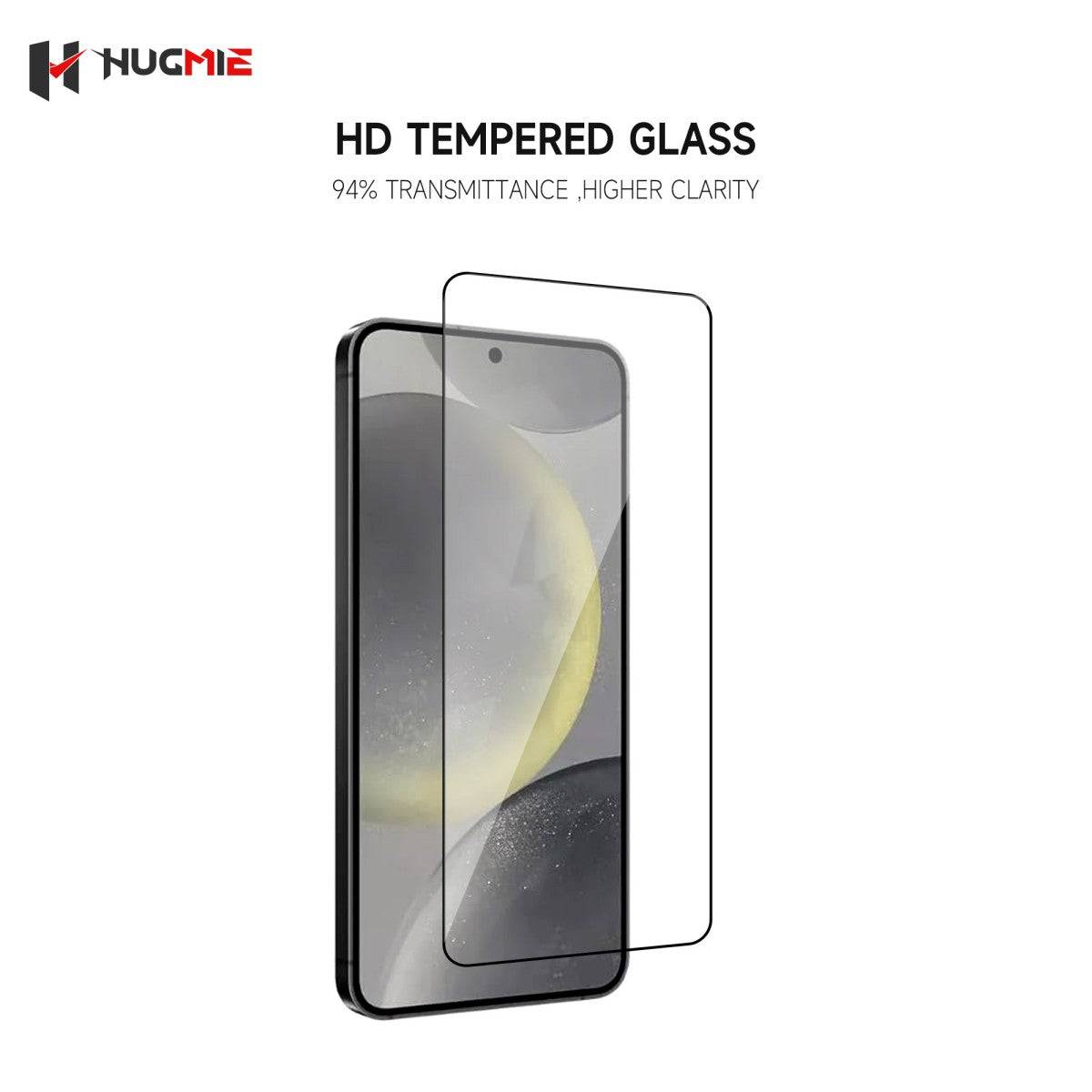 Hugmie Dustproof Glass Screen Protector for Samsung with 94% transmittance, offering HD clarity and tempered glass durability for enhanced protection.