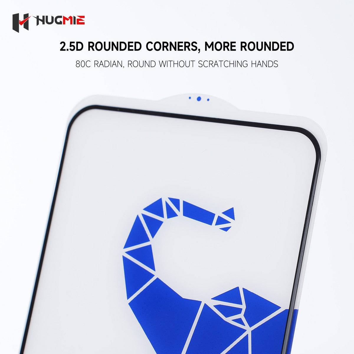 Hugmie Dustproof Glass Screen Protector with 2.5D rounded corners, ensuring smooth edges and a comfortable grip without scratching hands.