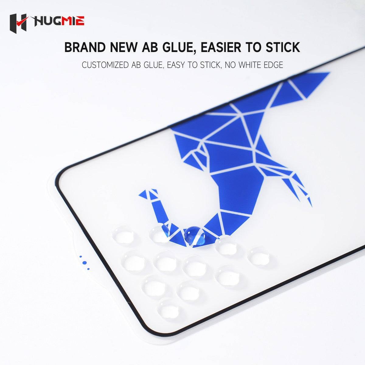 Hugmie Dustproof Glass Screen Protector with advanced AB glue for easy application, ensuring a seamless fit without white edges.