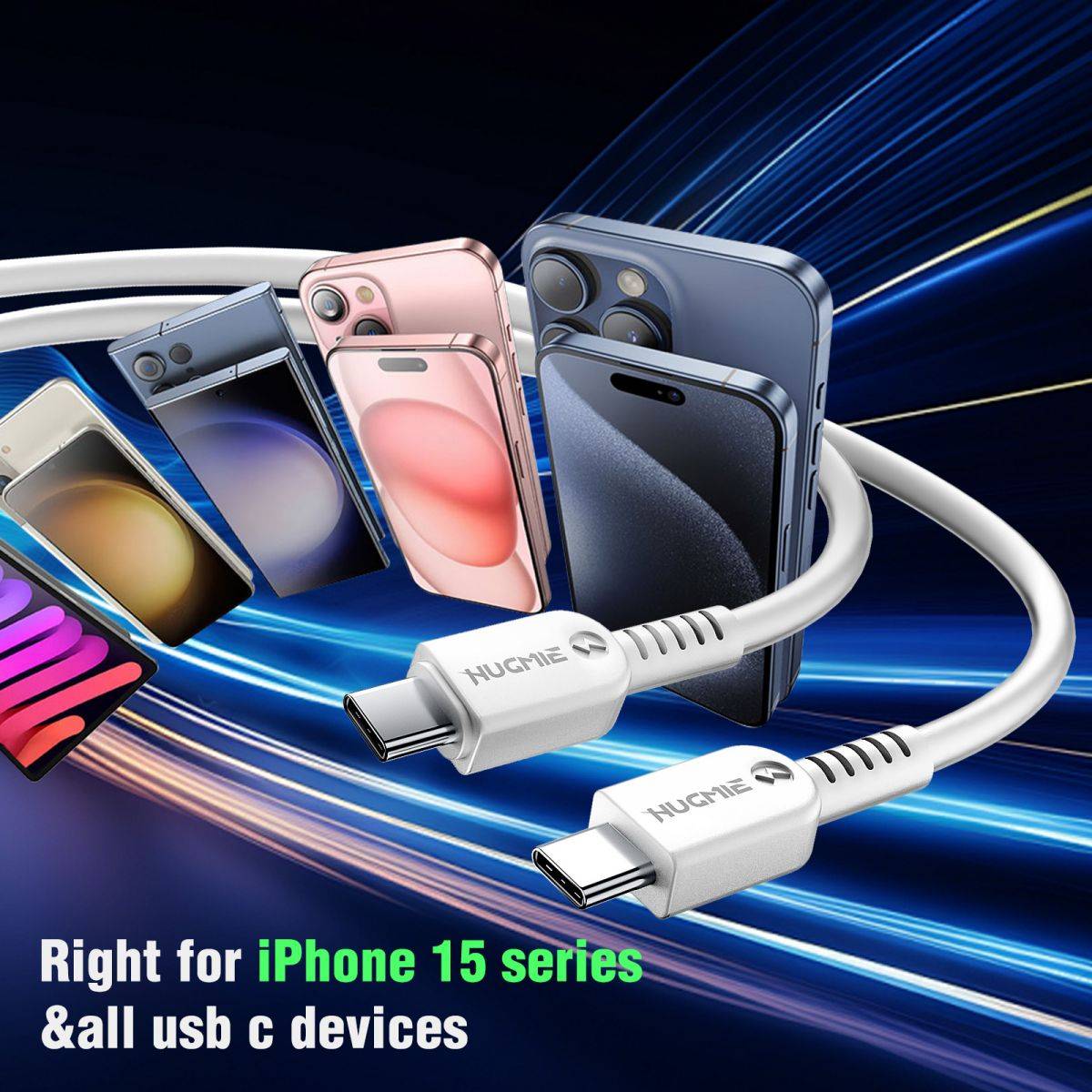 Hugmie PD 20W Car Charger with Type C to Type C cable, compatible with iPhone 15 series and all USB-C devices. Reliable and efficient charging solution.