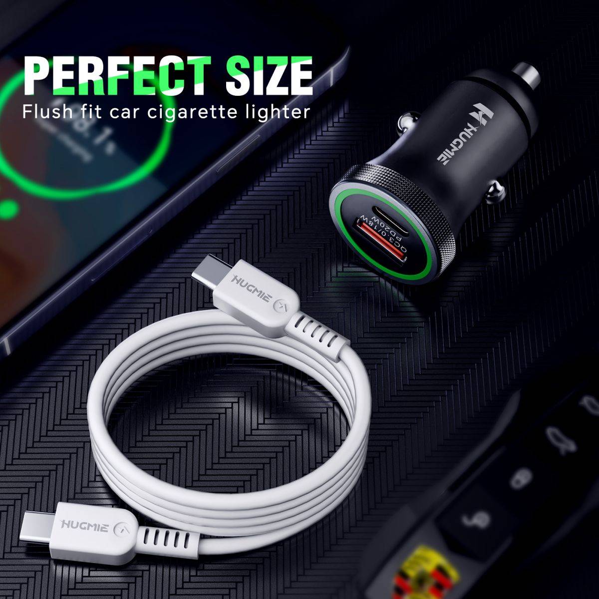 Hugmie PD 20W Car Charger with a flush-fit design for car cigarette lighters. Compact and stylish, perfect for seamless in-car charging.