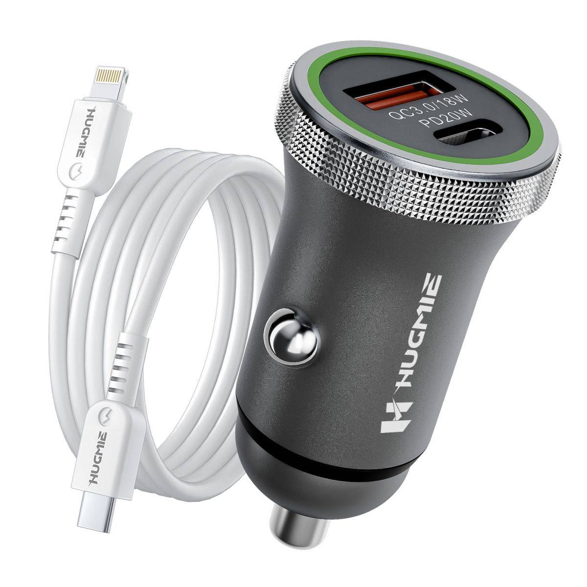 Hugmie PD 20W car charger with 1M Type C to Lightning cable, featuring dual-port fast charging and a sleek black design for efficient power delivery.