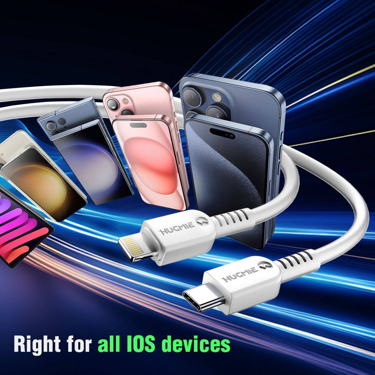 Hugmie PD 20W car charger with Type C to Lightning cable, compatible with all iOS devices, delivering fast and reliable charging performance.