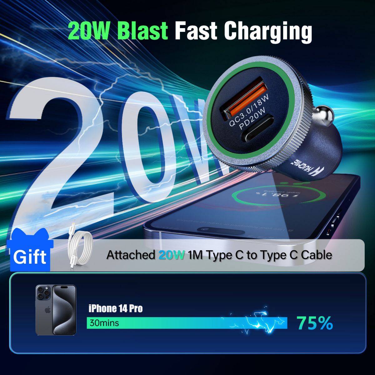 Hugmie PD 20W car charger with an included 1M Type C to Type C cable, offering rapid charging for iPhone 14 Pro and other compatible devices.