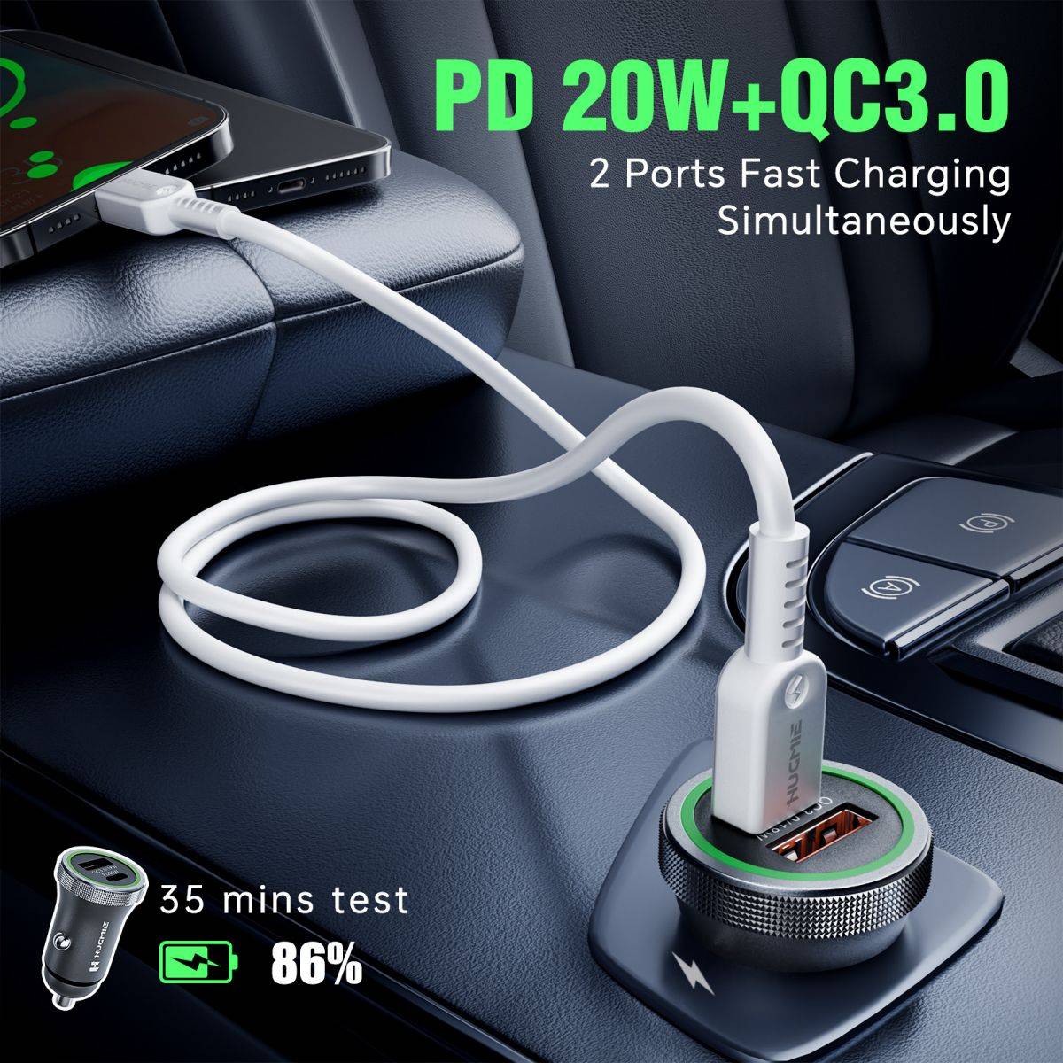Hugmie PD 20W car charger with QC3.0 technology, enabling simultaneous fast charging of two devices, shown in a car interior for convenience.
