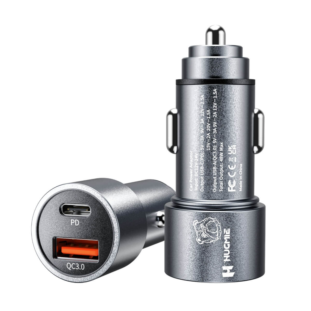 Hugmie FCP-48W PD&QC3.0 car charger adapter with dual USB ports for fast charging. Compact and durable design for efficient power delivery.