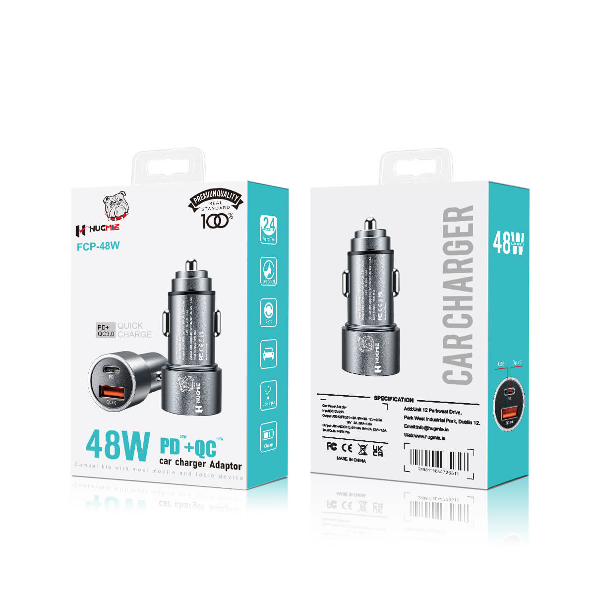 Hugmie FCP-48W PD&QC3.0 car charger retail packaging with product image, specifications, and branding for a professional presentation.