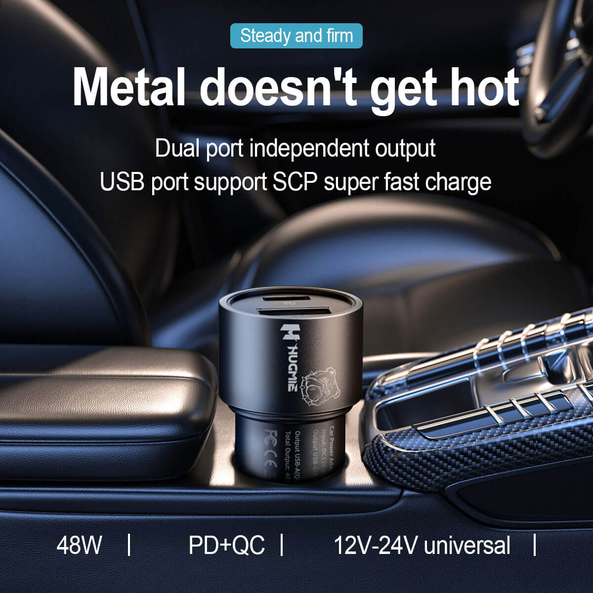 Hugmie 48W PD&QC3.0 car charger with dual-port independent output, SCP super-fast charge, and universal 12V-24V compatibility.