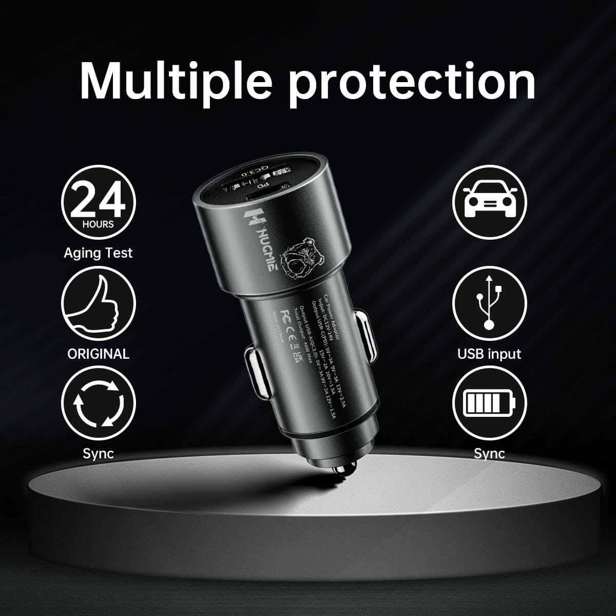 Hugmie car charger with multiple protection features, including 24-hour aging test, USB input, and sync support for safe charging.
