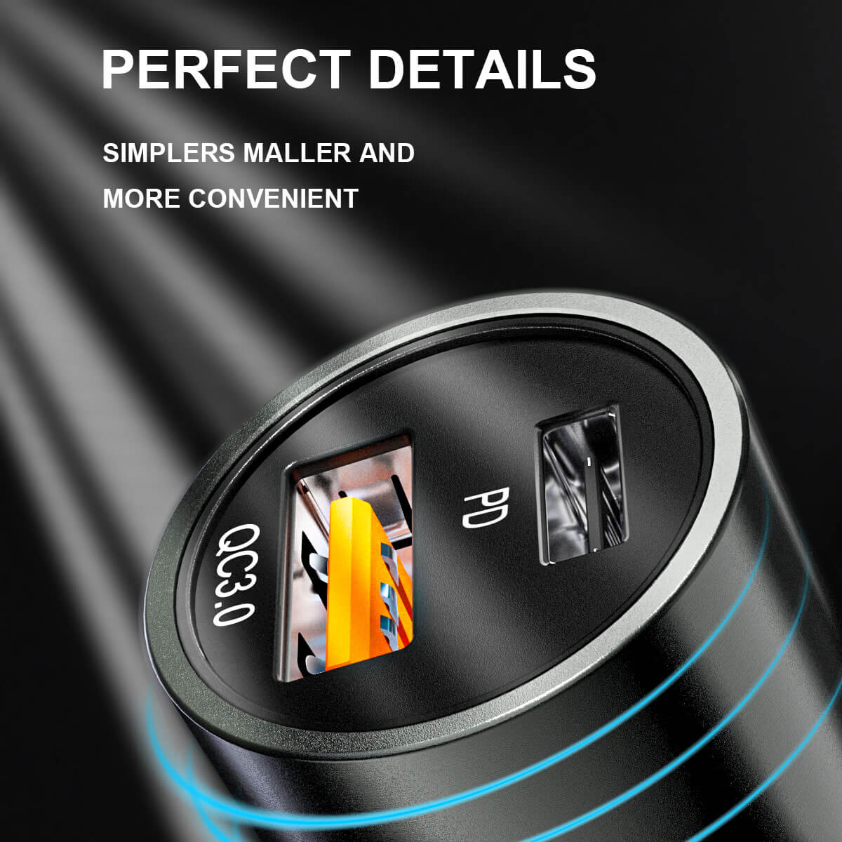 Close-up of Hugmie PD&QC3.0 car charger highlighting precise details, compact design, and high-speed charging ports for convenience.