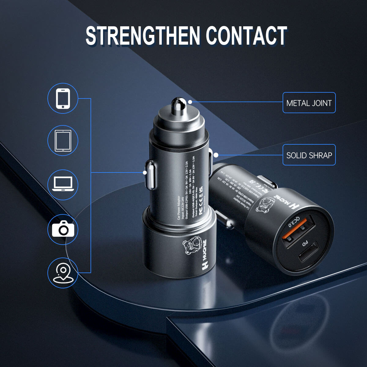 Hugmie FCP-48W PD&QC3.0 car charger with metal joint and solid shrap for enhanced contact and compatibility with multiple devices.