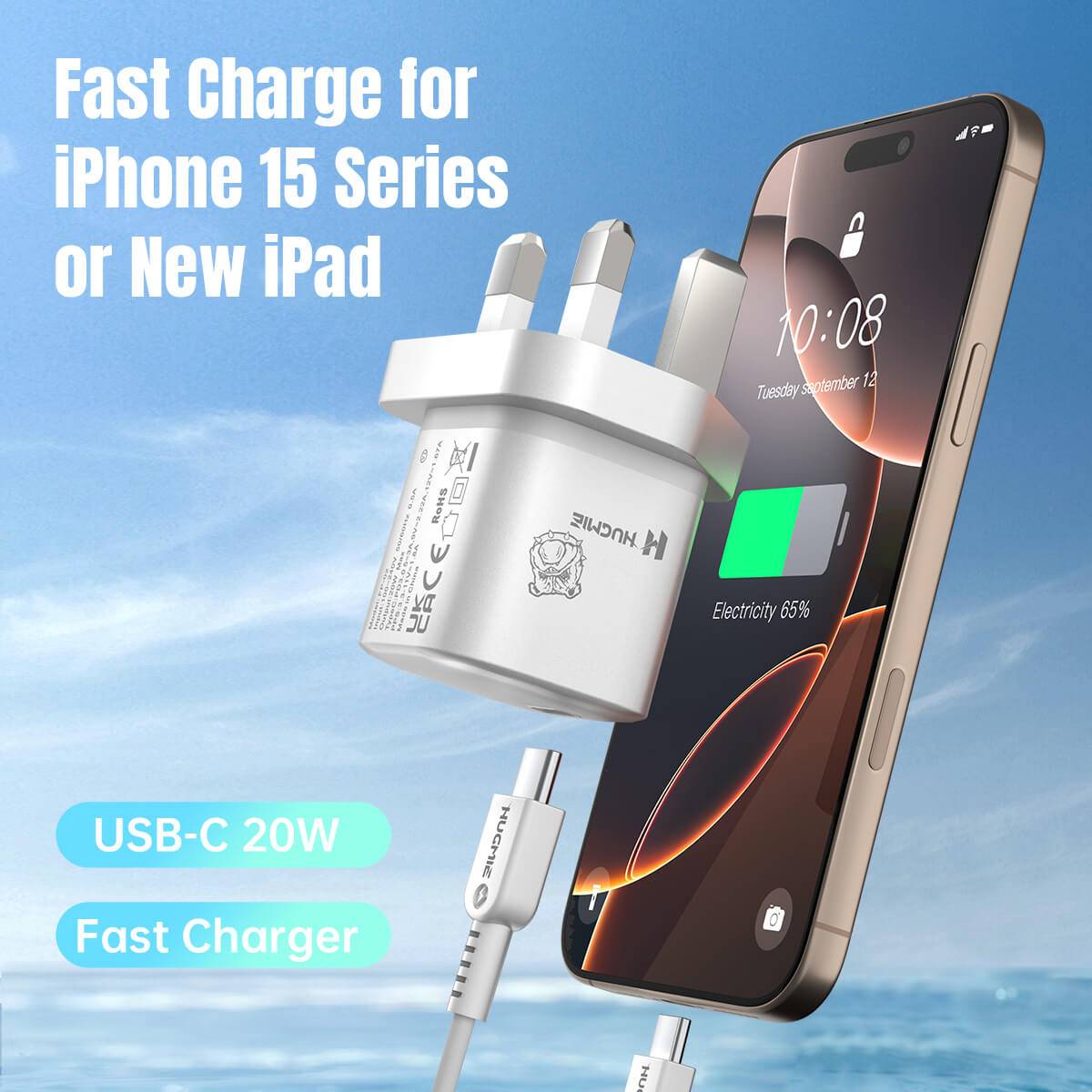Hugmie FP-02C 20W USB-C fast charger powering an iPhone 15 series device, emphasizing its compatibility with new iPads and fast-charging technology.