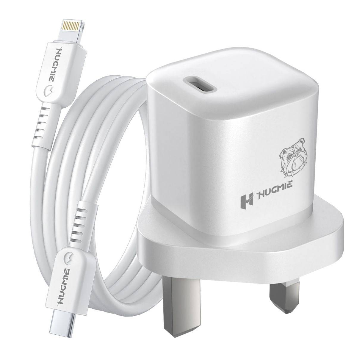 Hugmie FP-02I 20W PD fast charger with 1M Lightning cable, featuring a compact UK plug design for rapid and safe charging of Apple devices.