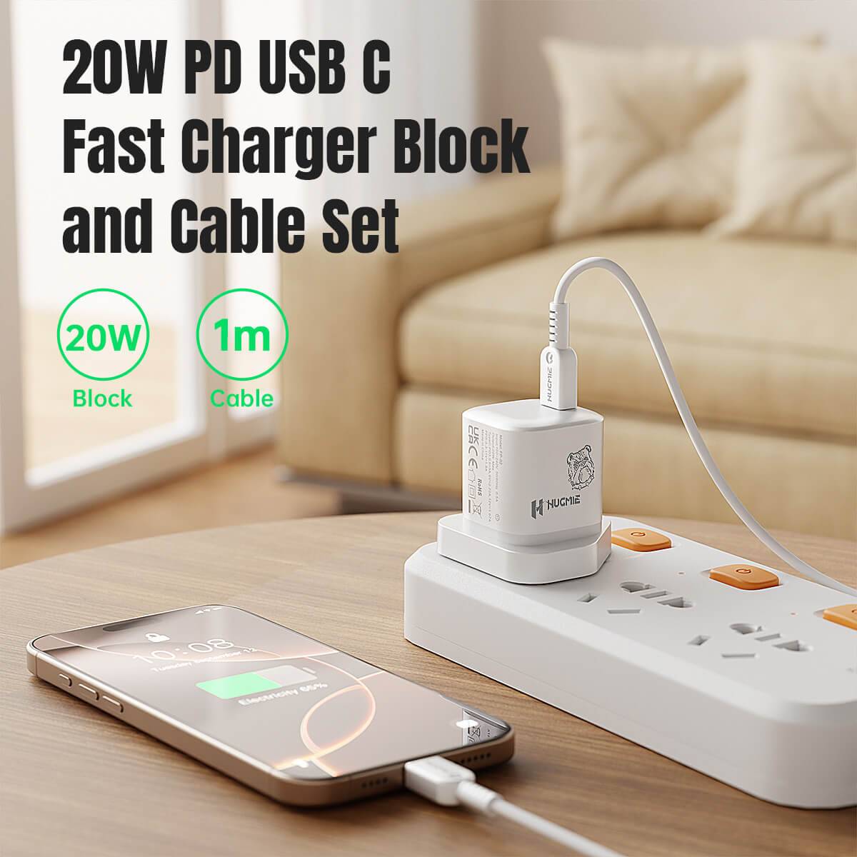 Hugmie 20W PD USB-C fast charger block and 1M Lightning cable set, ideal for efficient charging at home or office with a compact design.