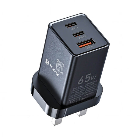 Hugmie® FP-65W GaN USB C Fast Charger with 65W power output, featuring dual USB-C and one USB-A port for efficient multi-device charging.